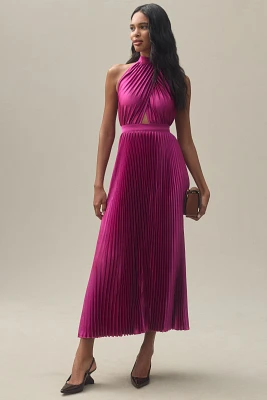 L'IDEE Renaissance Halter Side-Slit Pleated Maxi Dress