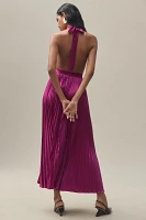 L'IDEE Renaissance Halter Side-Slit Pleated Maxi Dress