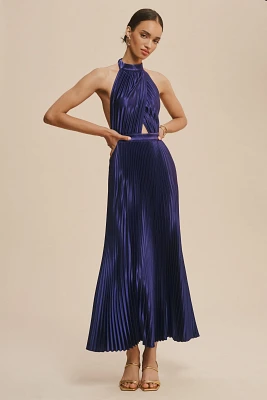 L'IDEE Renaissance Halter Side-Slit Pleated Maxi Dress