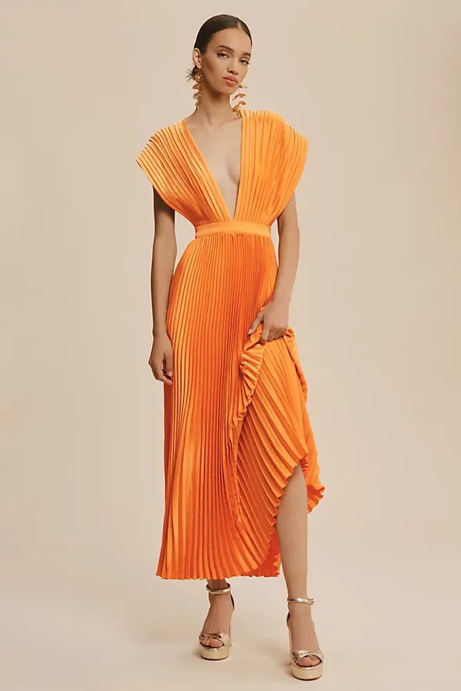 L'IDEE Gala Deep-V Pleated A-Line Maxi Dress
