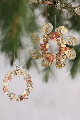 Flower + Leaf Galvanized Wreath Ornaments, Set of 2