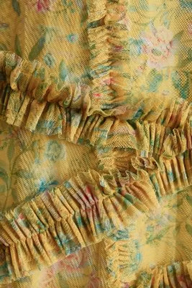 Mac Duggal Floral Flutter-Sleeve Mesh Print Tea-Length Dress