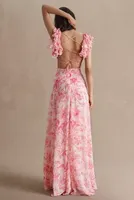 Mac Duggal Floral Flutter Cap-Sleeve V-Neck Lace-Up Gown