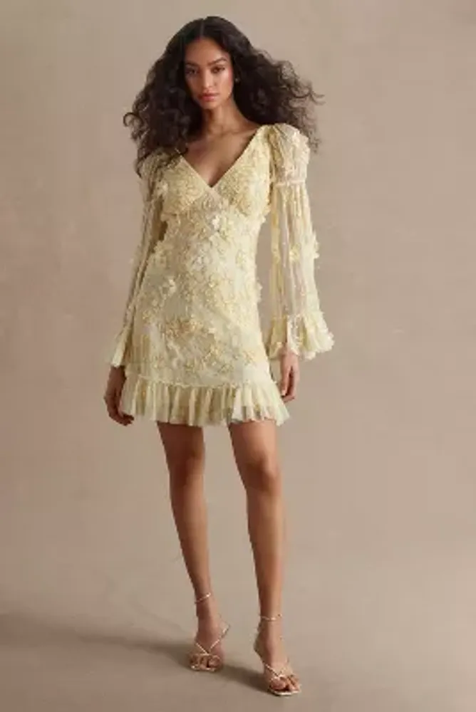 Mac Duggal Floral-Embellished Long-Sleeve Ruffled-Hem Mini Dress