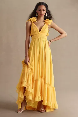Mac Duggal Ruffle-Sleeve V-Neck A-Line Gown