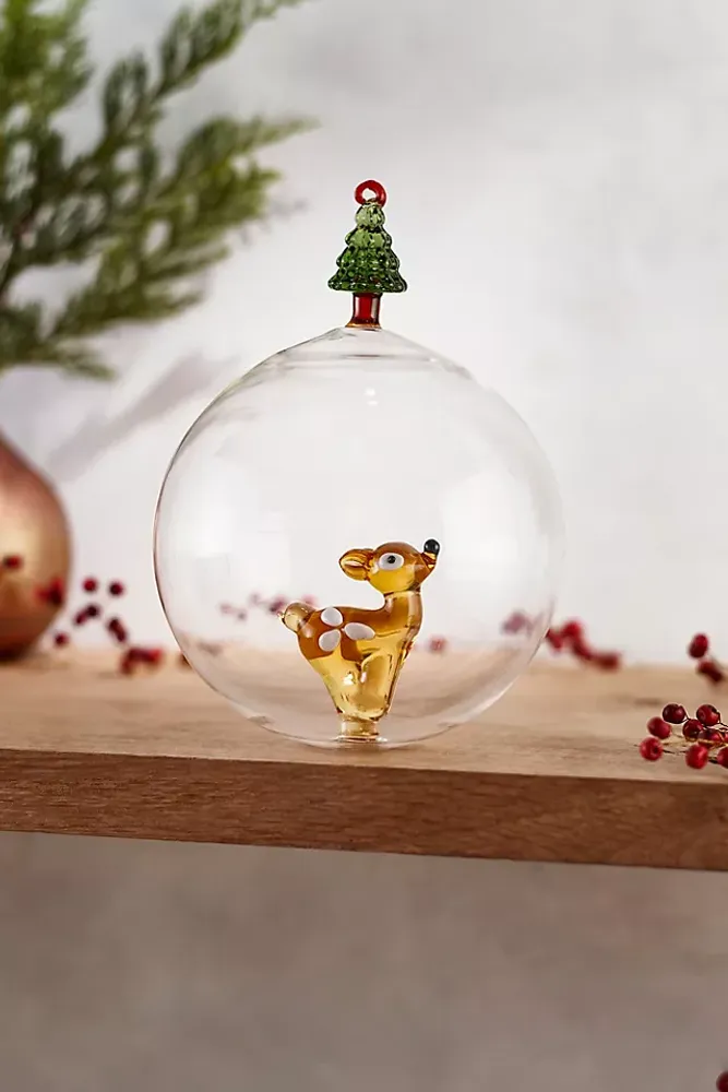 Fawn + Tree Glass Globe Ornament