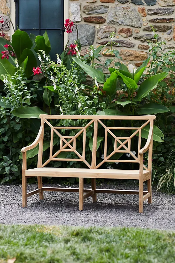 Garden Teak Fretwork Two-Seat Bench, Golden Finish