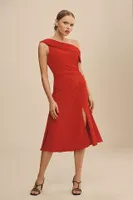 Ieena for Mac Duggal Ruched Off-The-Shoulder Midi Dress