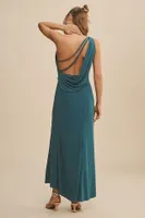 Mac Duggal Draped Jersey One-Shoulder Side-Slit Column Dress