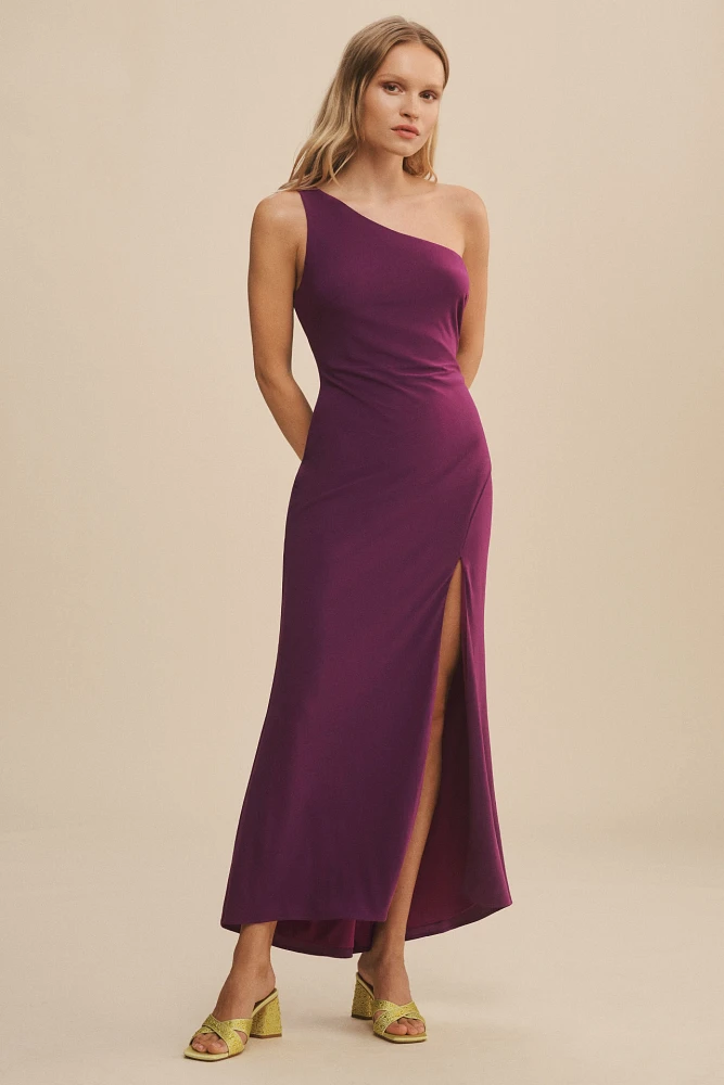 Mac Duggal Draped Jersey One-Shoulder Side-Slit Column Dress