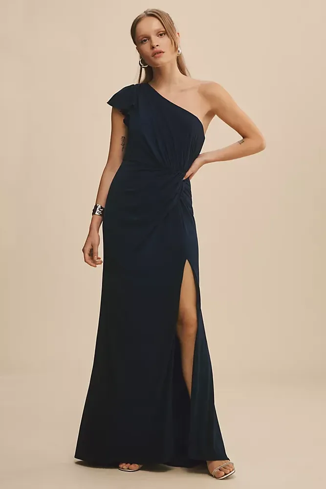 Mac Duggal Ruffled One-Shoulder Draped Column Gown