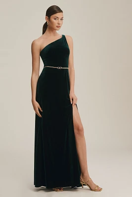 Jenny Yoo Cybill One-Shoulder Side-Slit Stretch Velvet Gown