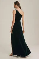 Jenny Yoo Cybill One-Shoulder Side-Slit Stretch Velvet Gown