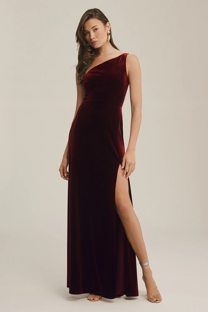 Jenny Yoo Cybill One-Shoulder Side-Slit Stretch Velvet Gown