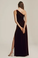 Jenny Yoo Cybill One-Shoulder Side-Slit Stretch Velvet Gown