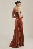 Jenny Yoo Cybill One-Shoulder Side-Slit Stretch Velvet Gown