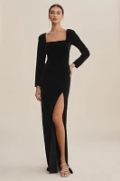 Jenny Yoo Rachel Square-Neck Long-Sleeve Side-Slit Stretch Velvet Gown