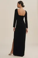 Jenny Yoo Rachel Square-Neck Long-Sleeve Side-Slit Stretch Velvet Gown