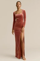 Jenny Yoo Rachel Square-Neck Long-Sleeve Side-Slit Stretch Velvet Gown