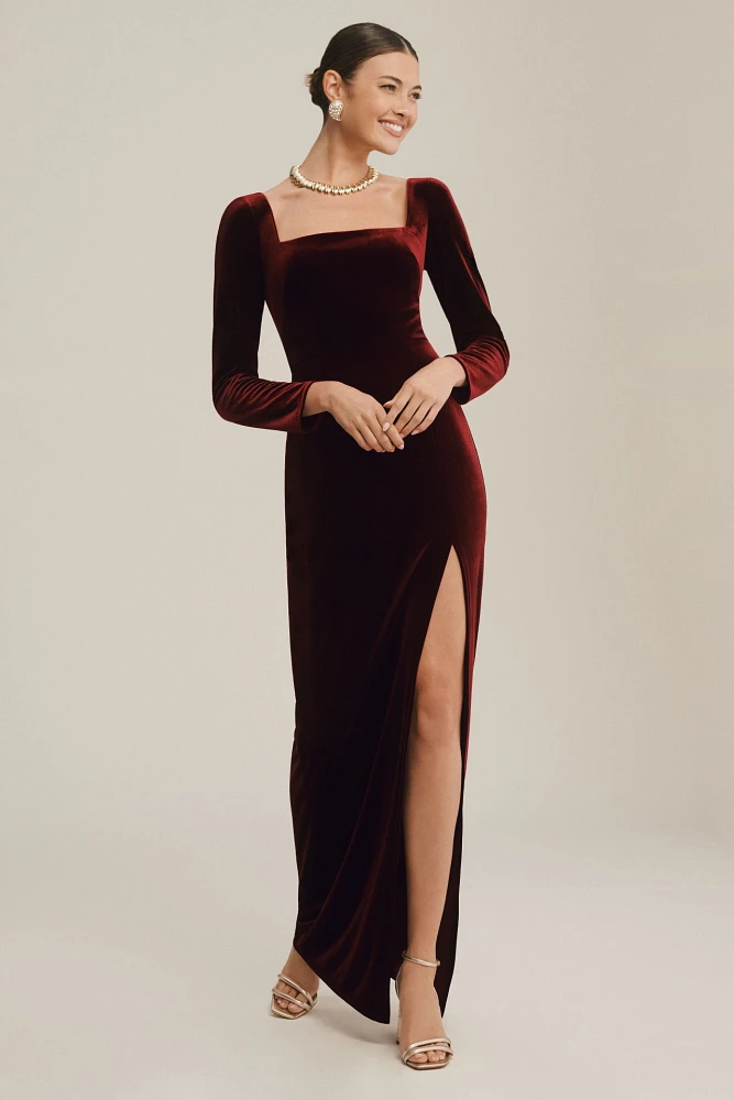 Jenny Yoo Rachel Square-Neck Long-Sleeve Side-Slit Stretch Velvet Gown