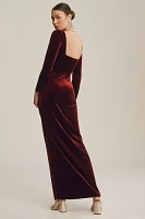 Jenny Yoo Rachel Square-Neck Long-Sleeve Side-Slit Stretch Velvet Gown