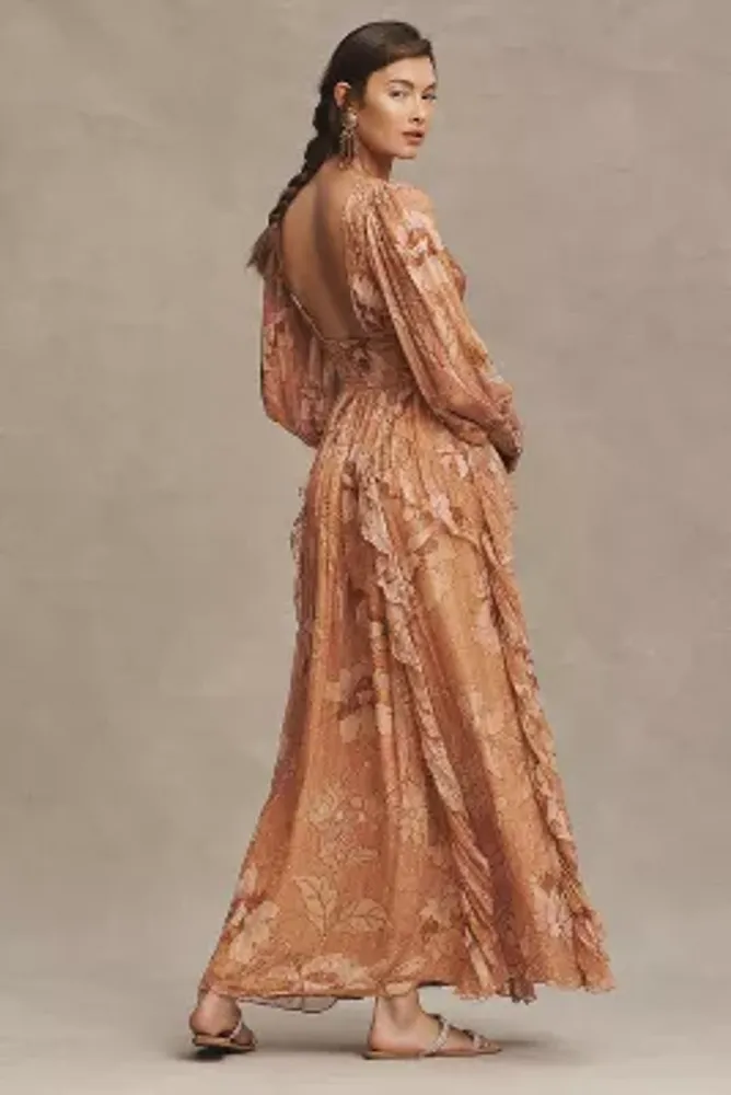 BHLDN V-Neck Long-Sleeve Printed Chiffon Gown