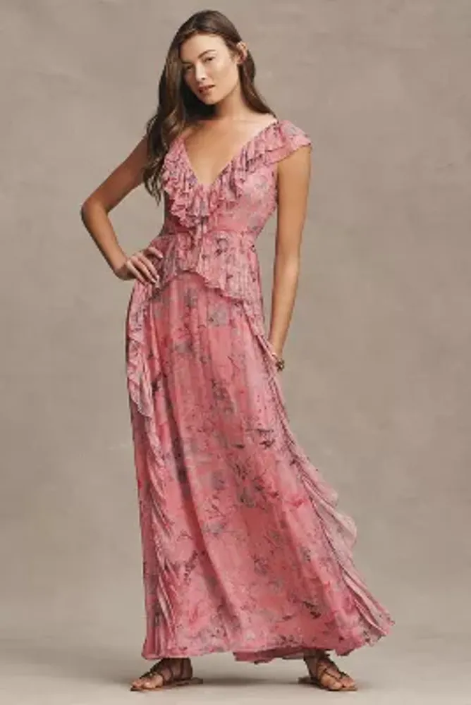 BHLDN Lyla Printed V-Neck Ruffle Gown