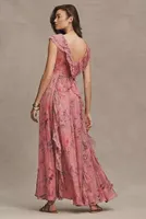 BHLDN Lyla Printed V-Neck Ruffle Gown