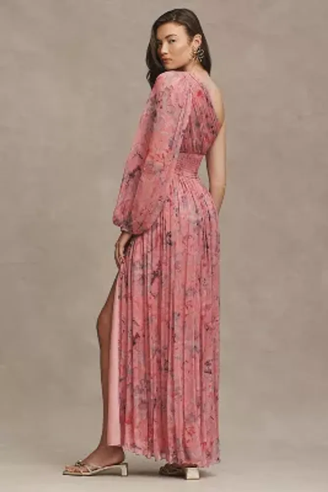 BHLDN Printed Iris One-Shoulder Cut-Out Gown