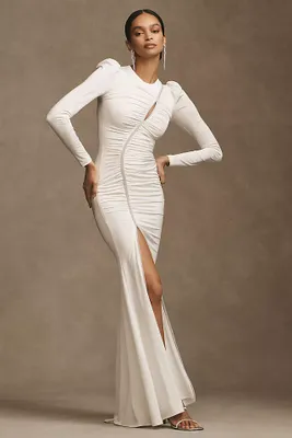 Helsi Chiara Asymmetrical Ruched Puff-Sleeve Side-Slit Gown