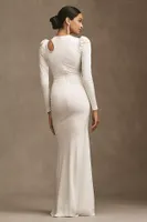 Helsi Chiara Asymmetrical Ruched Puff-Sleeve Side-Slit Gown