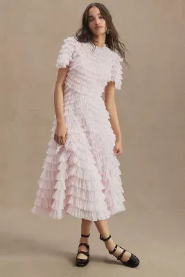 Mac Duggal High-Neck Short-Sleeve Tiered Ruffle A-Line Dress
