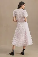Mac Duggal High-Neck Short-Sleeve Tiered Ruffle A-Line Dress
