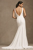 Watters Hyde Bateau-Neck Low-Back Trumpet Wedding Gown