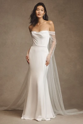 Jenny by Yoo Olivia Long-Sleeve Off-The-Shoulder Scoop-Neck Column Wedding Gown