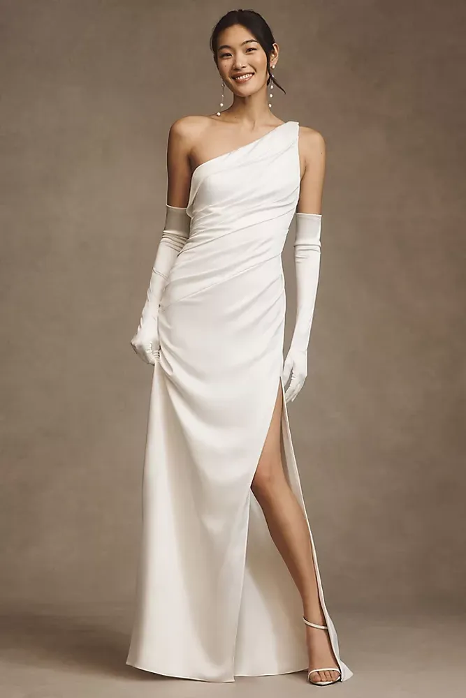 Jenny by Yoo Elora One-Shoulder Ruched Satin Slip Gown