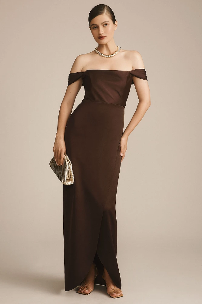 BHLDN Cleo Off-The-Shoulder Satin Maxi Dress