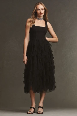 BHLDN Sleeveless Square-Neck Ruffled Tulle Midi Dress