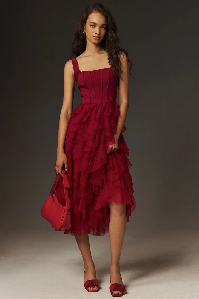 BHLDN Talia Square-Neck Corset Tulle Midi Dress