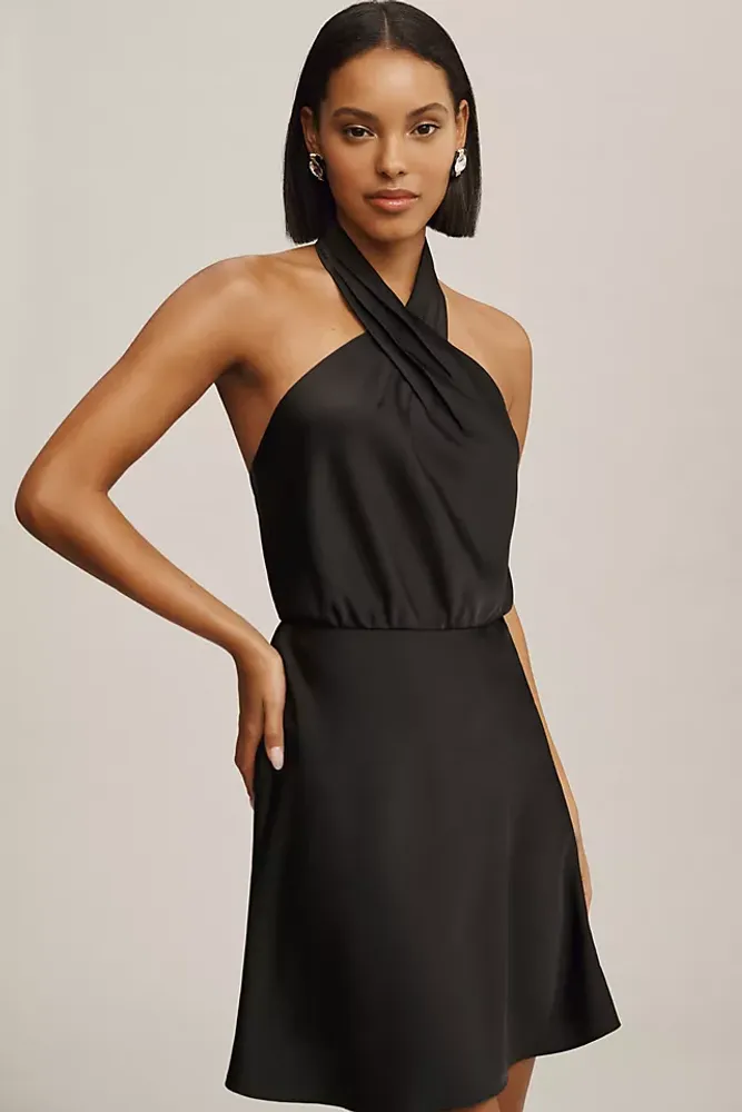 BHLDN Ruby High-Shine Satin Halter Mini Dress