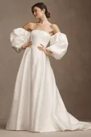 Watters Millie Off-The-Shoulder Removable Puff-Sleeve A-Line Wedding Gown