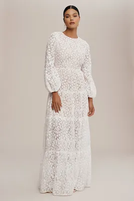 Dress The Population Lyra Puff-Sleeve Tiered Embroidered Gown