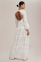 Dress The Population Lyra Puff-Sleeve Tiered Embroidered Gown
