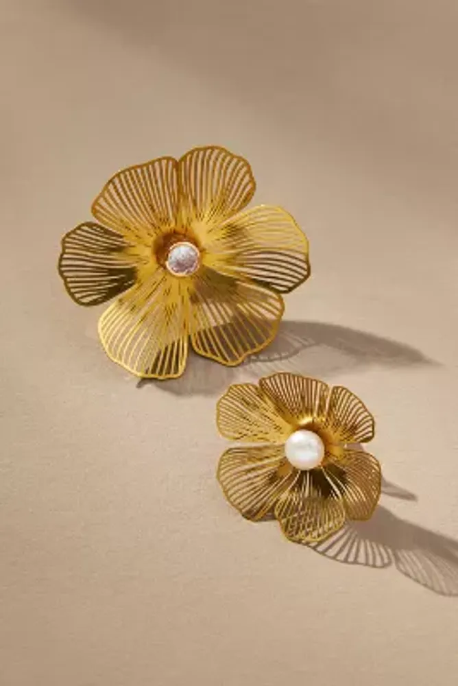 Gold Flower Post Earrings, Set of 2