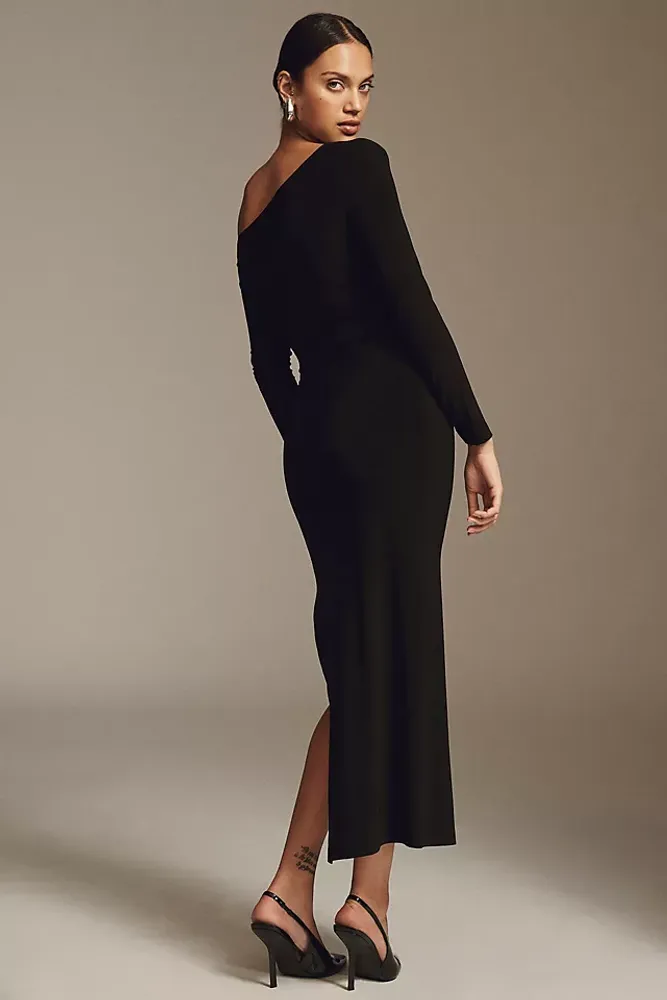 Norma Kamali Long-Sleeve Drop-Shoulder Side-Slit Midi Dress