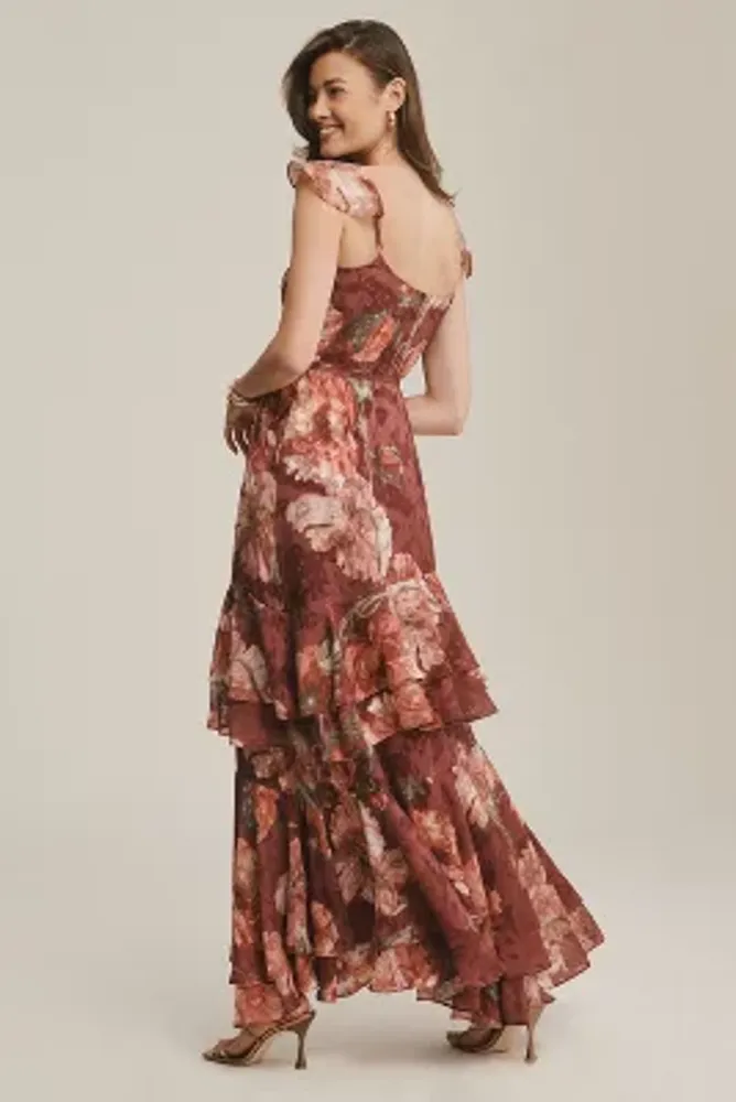 Hutch Senna Floral Flutter-Sleeve Tiered Maxi Wrap Dress