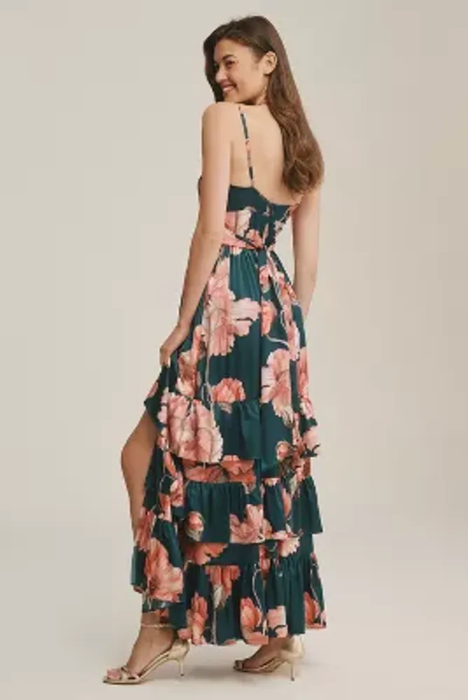 Hutch Guthrie Sleeveless Floral V-Neck Side-Slit Satin Maxi Dress