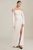 Theia Egret Off-The Shoulder Long-Sleeve Ruched Side-Slit Gown