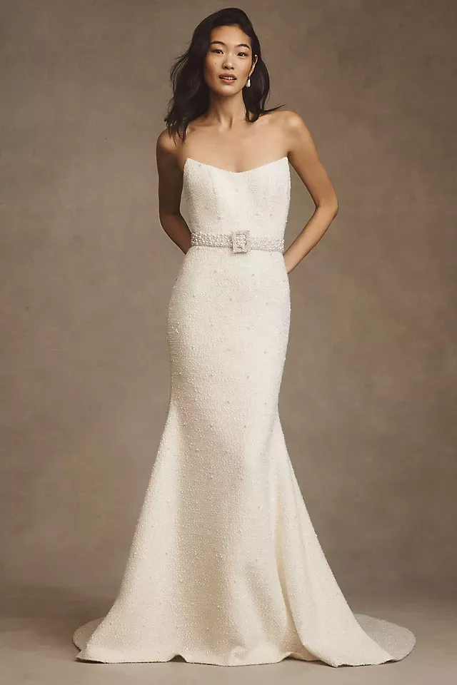 Watters January Plunge-Neckline Beaded Tulle Wedding Gown