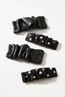 Ruched Faux Leather Barrettes, Set of 4